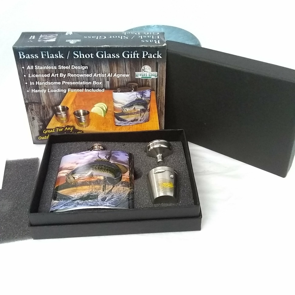 RIVERS Edge Products Bass Flask Shot Glass Stainless Steel Gift Pack NEW!